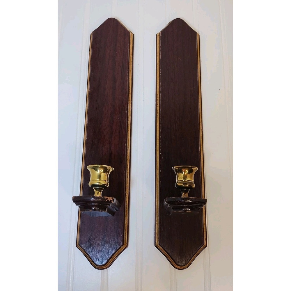 Vintage Home Interiors Homco Cherry Wood & Brass 17" Candle Sconces Set of 2